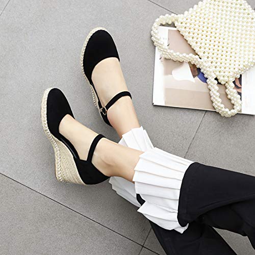 VOKLIN Women's Espadrilles Wedge Dress Pumps Round Toe Suede Ankle Strap Casual Platform High Heel Pump Shoes4