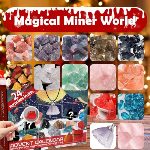Edelsteine für Kinder, Edelstein Adventskalender Kristalle Steine 24 Stück,Kristalle Heilsteine Set,Gesteine und Mineralien zum Sammeln und Lernen, Geschenke kinder