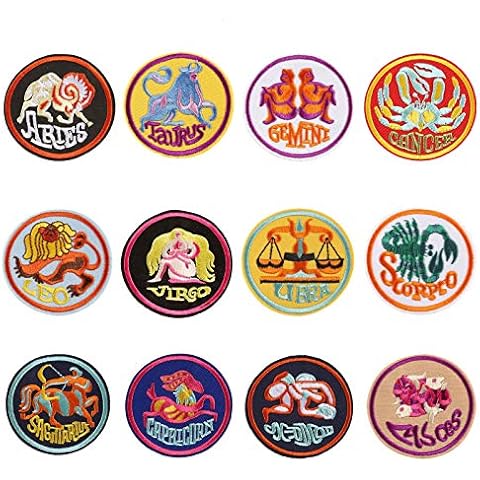 Zodiac 12 Constellations Symbol Patch 12 Pieces Iron On/Sew On Patches for Clothing Vintage Embroidered Emblem DIY Cover