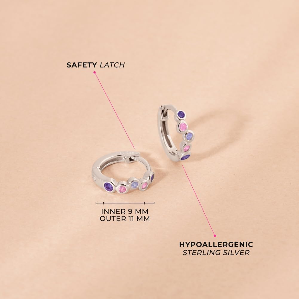925 Sterling Silver Bezel Cascade Cubic Zirconia Huggie Hoop Earrings 9mm For Little Girls - Children's Hoop Earrings - Small Hoop Earrings For Young