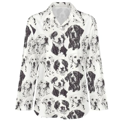 Langarm-Shirts mit Knopfleiste für Damen – schwarz-weiße Hunde-Print-Blusen für Damen, elegante lässige Oberteile, Mehrfarbig, S