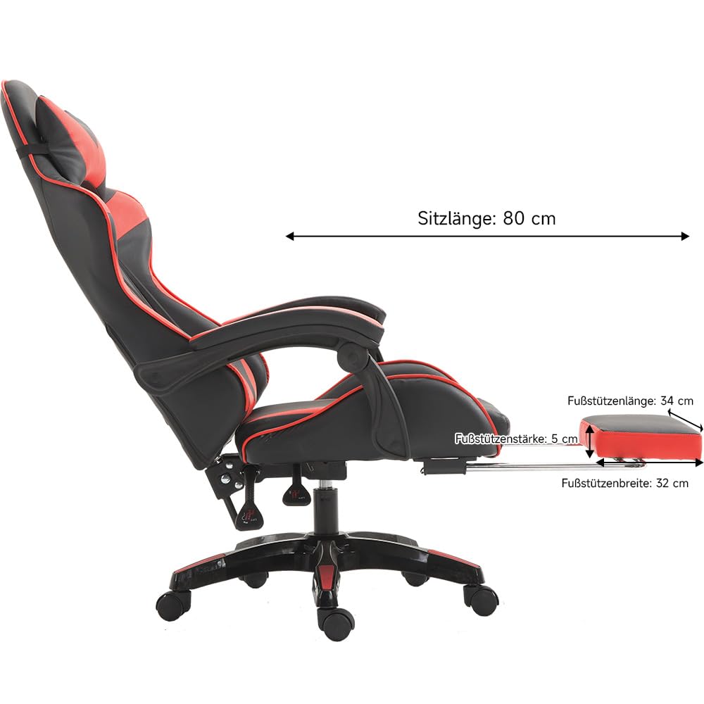 Chaise de Gaming Ergonomique - Hauteur réglable - Chaise de Bureau réglable (Rouge)