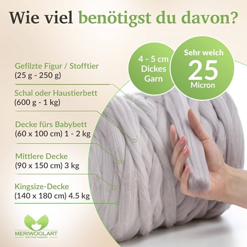 MeriWoolArt XXL Merino Wolle – 100% Schurwolle, Extra Dickes Filzgarn (4–5 cm) für Armstricken, Trocken- & Nassfilzen, Decken & Babydecken – Satingrau 1kg