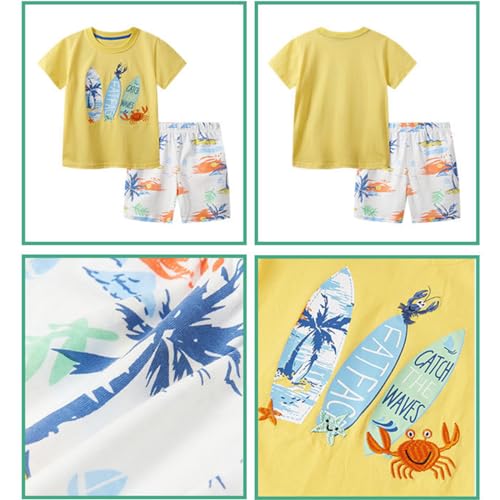 Image of KISBINI Toddler Boys Summer Clothes Set Hawaiian Cotton T-Shirt and Shorts Set Dinosaur Sharks Clothing Set