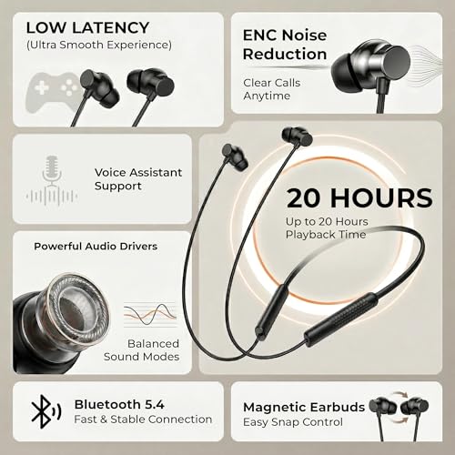 Image of Walta Bullet Z6 Wireless Bluetooth 5.4 Neckband Earphones with ENC Noise Cancellation, 13mm Bass Driver, Fast Charging Type-C, 20H Playback, Magnetic Earbuds, Sweat Resistant Headset with Mic (Black)