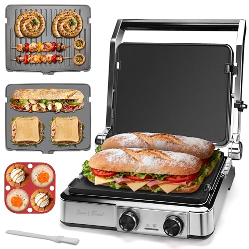 Baker's Friend 4-slice Panini Press Grill Cheese Sandwich Maker, Electric Grill Indoor with Temperature Setting, Opens 180 Degrees, Dual Non-stick Surfaces, 4-circle Silicone Mold, Reversible Plates