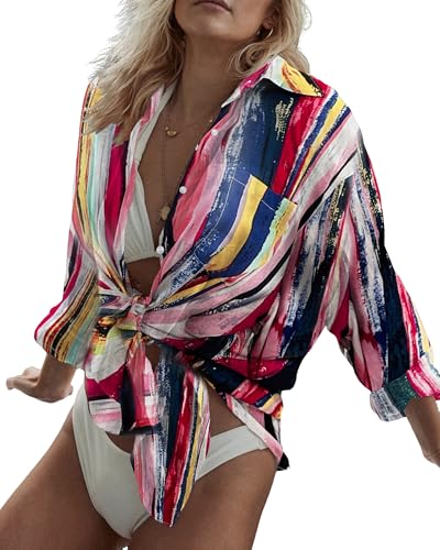 Image of Bsubseach Women Long Sleeve Beach Shirt Blouses Bathing Suit Cover Up Button Down Collar