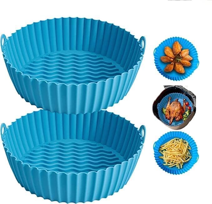 Image of Air Fryer Silicone Tray | Air Fryer Liners I Round Silicone Basket Baking Tray I Pot with Ear Handles I Nonstick Reusable Heat Resistant I Cooking Oven Insert Accessories (Blue + Blue)