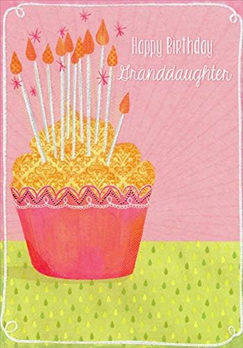 Designer Greetings Cupcake with Tall Sparkling Glitter Candles Birthday Card for Teen/Teenager Granddaughter