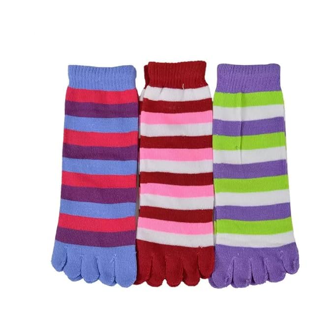 Stylish Toe 5 Finger Cotton Wicking Athletic Crew Low Cut Ankle Socks For Women | Multicolor Striped Toe Socks (3 Pairs)-picture-39