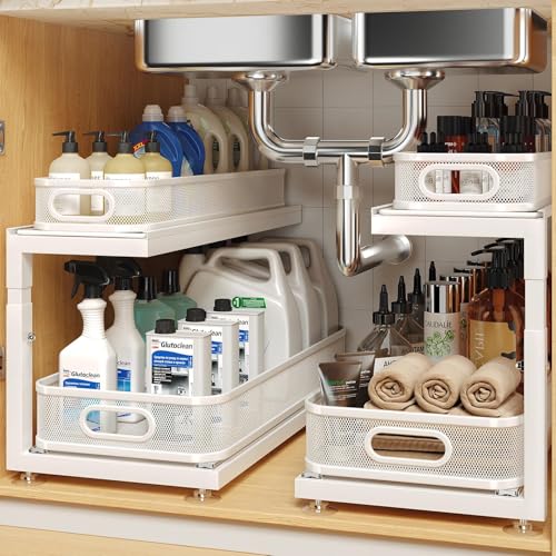 Image of 2-Pack 21.3 IN Depth Under Sink Organizer With Next-Gen Ball-Bearing Slides,Sophisticated Mesh 2-Tier Pull Out Shelf for Kitchen & Bathroom,Fits Small Items-White(Patented)