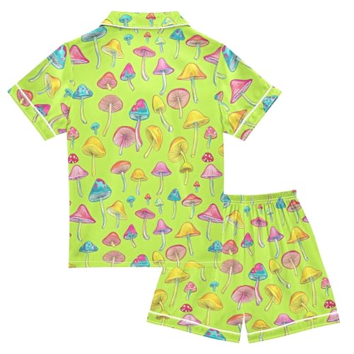 Blue Pink Yellow Mushrooms Pajamas Sets Short Sleeve Silk Stain Pjs Button Down Sleepwear for 5-14Y2