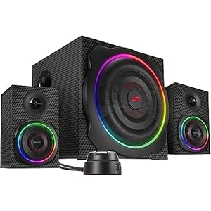 Speedlink GRAVITY CARBON RGB PC Lautsprecher 2.1 Soundsystem Bluetooth – mit Subwoofer aus Holz, Aktiv Lautsprechersystem 120 Watt, 3,5mm Klinke, AUX, Tischfernbedienung, schwarz