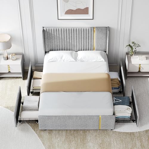 YITAHOME Full Size Bed Frame, Platform Upholstered Bed Frame with Drawers, Storage Metal Bed Frame with Headboard Wingback，Strong Wooden Slats, No Box Spring Needed, Fast Assembly, Gold and