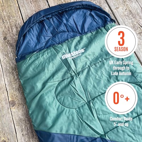 Milestone Hooded Sleeping Bag / 3 Season Single Envelope Style / 250gsm Water Resistant with Carry Sack for Camping Outdoors / 220 x 80cm - Image 4