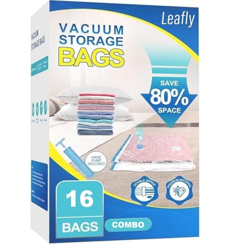 Image of Leafly Vacuum Storage Bags with Hand Pump, Plastic Packaging Bags, 80% Space Saver Vacuum Seal Bags for Clothing, Travel Lugggage, Blankets, Comforters (16 Combo)