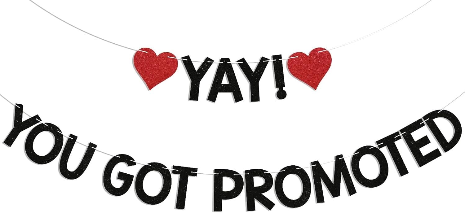 Yay! You Got Promoted Banner - Congrats on Your Promotion Decor, Congratulations, Job Promotion Party Decorations Black Glitter â image 1