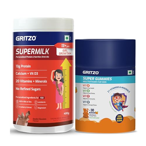 Image of Gritzo SuperMilk Growth+ (Formerly Height+) (13+y Girls) (Double Chocolate, 400g) with Super Gummies (Natural Orange Flavour, 30 Gummies) | Pack of 2