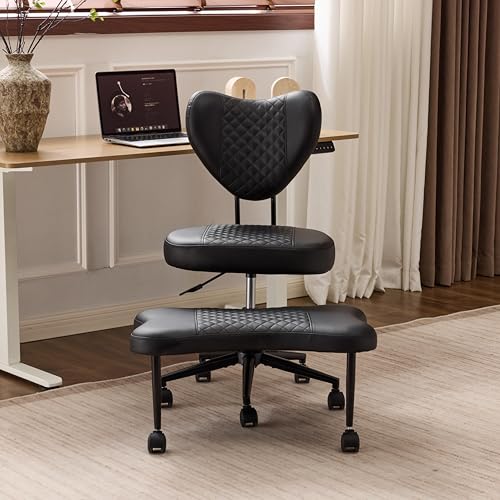 Image of Ergonomic Cross Legged Office Chair with Wheels, ADHD Chair for Adults, Meditation Chair, Yoga Office Chair, Comfortable Back Support, Height Adjustable,Small Spaces,PU Leather-Black-1