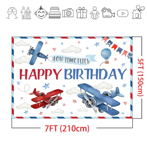 Fondo cumpleaños avión rojo y azul 7x5 pies miniatura 5