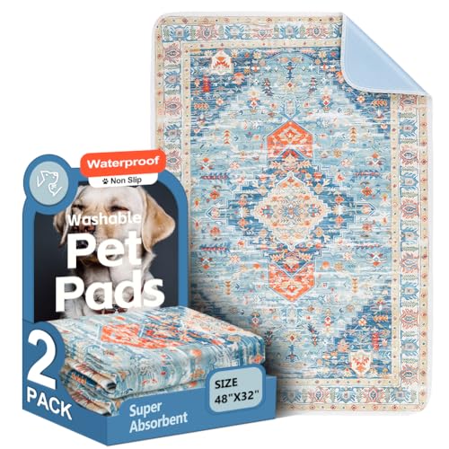 Image of Washable Pee Pads for Dogs, 2 Pack Reusable Puppy Training Pads 48 inchx32 inch Super Absorbent Waterproof Dog Training Pads, Non-Slip Potty Pads, Whelping Pads Litter Mat Blue /Mix