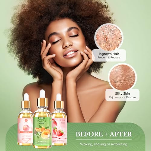 Image of BASSI 3 PCS Natural Yoni Oil for Women -Feminine Oil Vaginal Moisturizer - Reduces Odor, Restores pH Balance, Helps with Vaginal Itch, Herbal Yoni Blend with Strawberry Peach Hami Melon