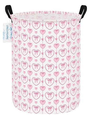 Image of Round Laundry Basket Collapsible Storage Hamper Organizer Pearl Heart | Waterproof Canvas Foldable Baskets with sturdy Handles Multi-scene Organizer for Home Play Bedroom Gift Bin
