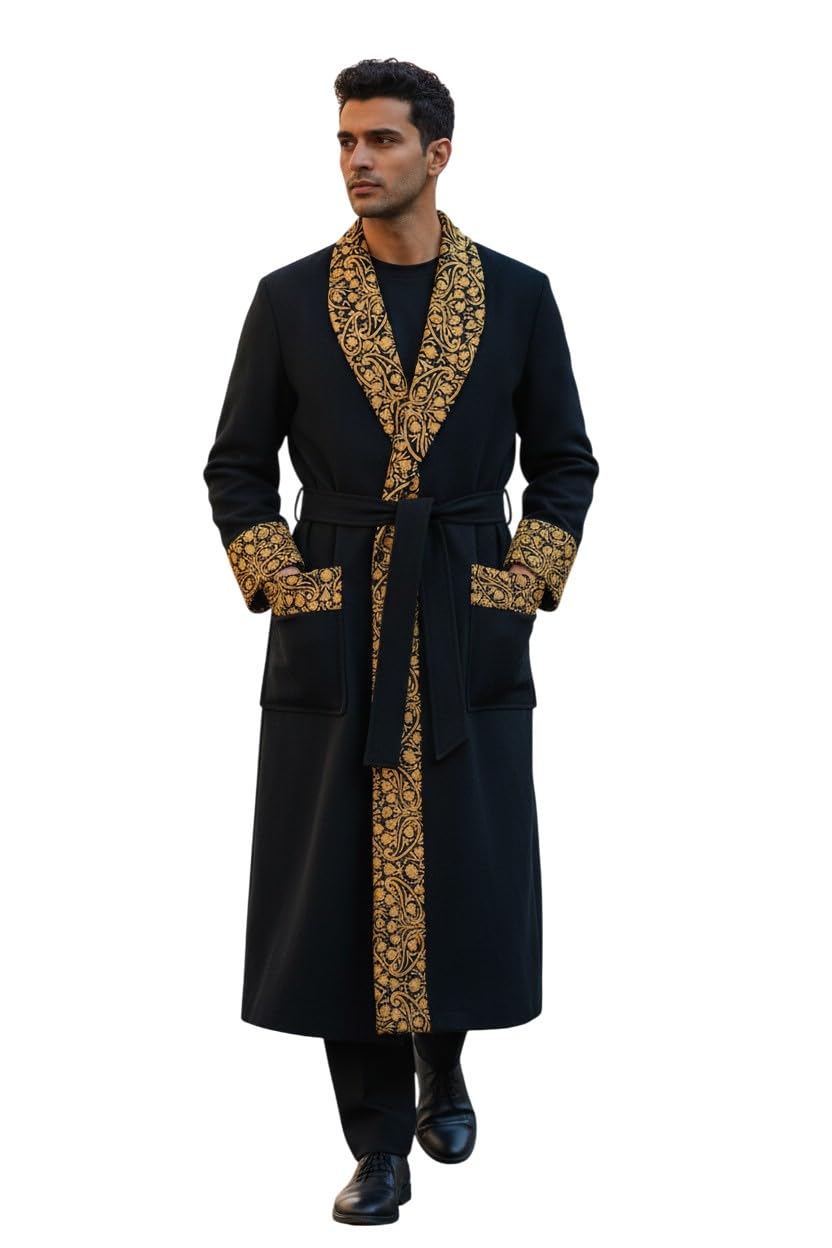 Men Woolen Nightgown Dressing Gown Sleep And Lounge Wear With Kashmiri Charming Embroidery Free Size (1, Black-12)
