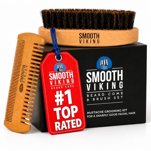 Beard Brush and Comb - Natural Boar Bristle Beard Brush & Beard Comb for Men - Facial Hair Care Gift Set for Men - Mustache Styling, Grooming & Shaping Tools