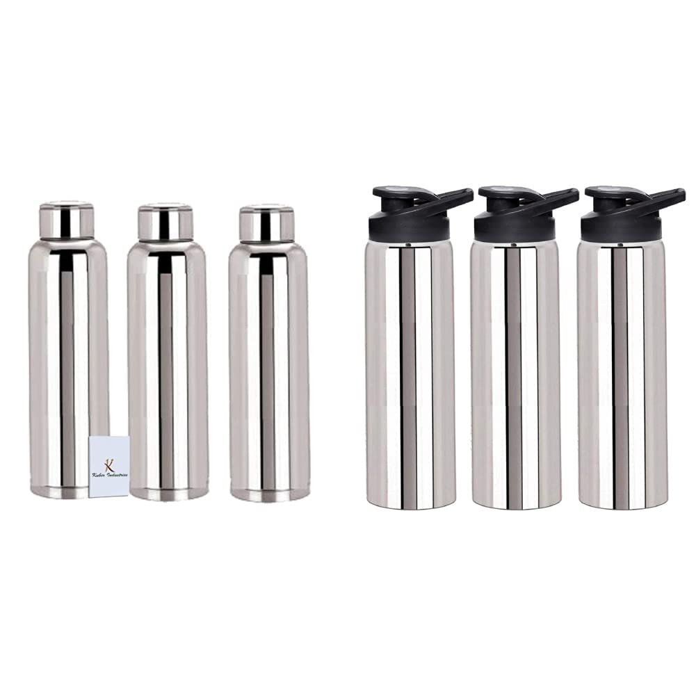 Kuber Industries Stainless Steel 3 Pc Fridge Water Bottle/Refrigerator Bottle/Thunder(1000 ML)-CTKT + Kuber Industries Stainless Steel 3 Pc Fridge Water Bottle Set with Flip Cap 700 Ml (Silver)-CTKT