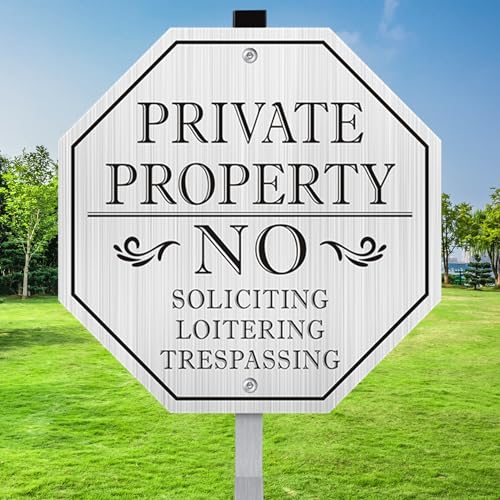 No Soliciting Sign for House, Large Private Property No Trespassing Sign, 10 x 10 Inches No Loitering Aluminum Metal Signs with 28 Inches Long Stakes for Outdoor Yard (BRUSHED SILVER)