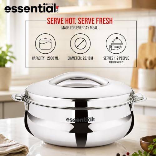 Image of BERGNER Essential Plus Stainless Steel Belly Shape Hot Pot 2000ml, Double Wall Roti Casserole, Food Grade, Hot and Cold Storage, for Rotis /Parathas /Pulao /Biryani, Hot for Hours, Easy to Clean