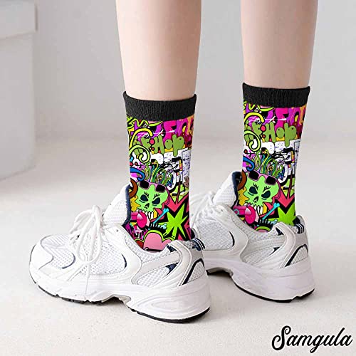 Image of Red Striped Crew Socks for Woman Size 6-8 Christmas Tree Moose Snowflake Dots Lines Girls Socks