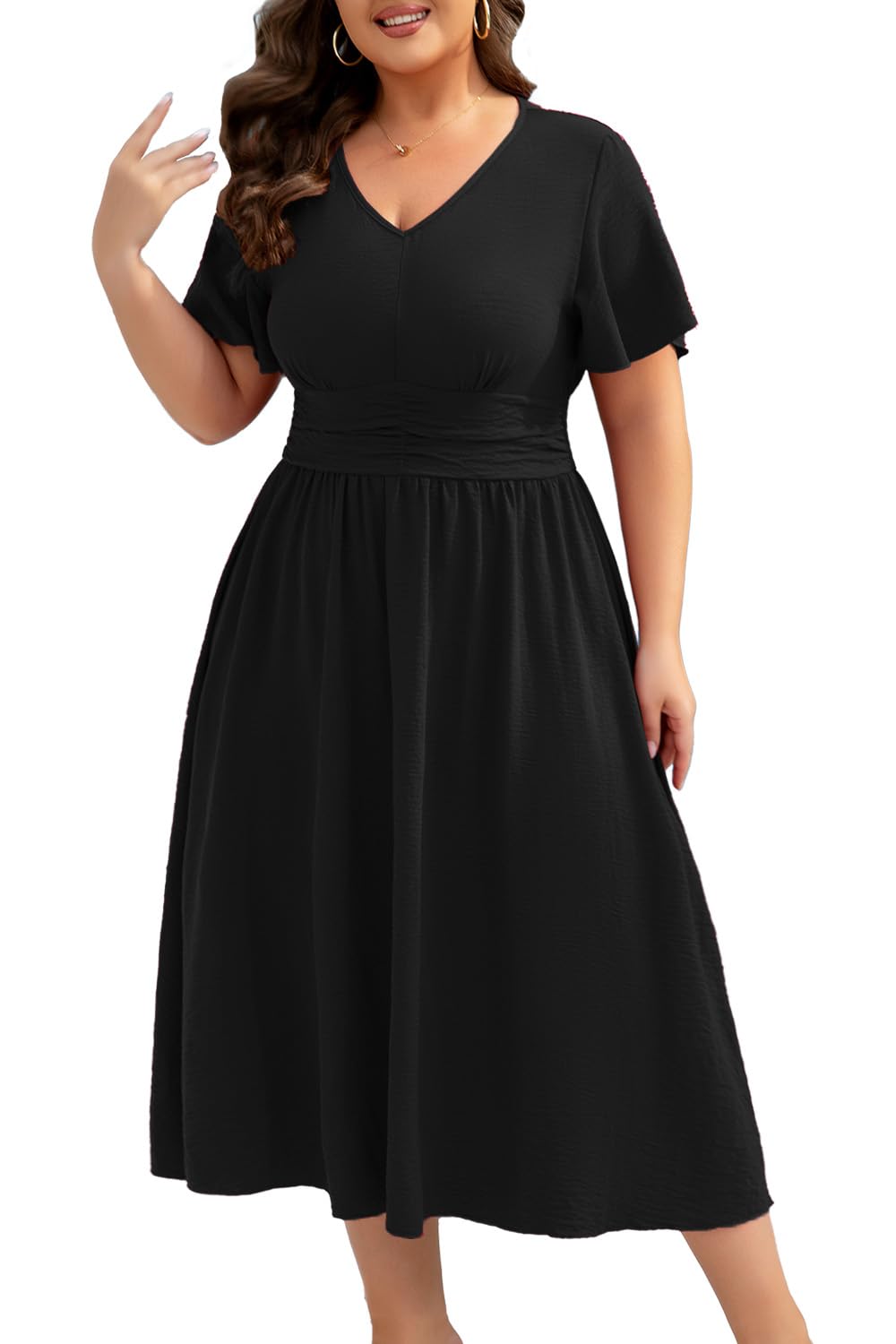 CARROTMOB Women's Plus Size Summer V Neck Long Dresses Short Sleeve A Line Ruffle High Waist Flowy Casual Dress
