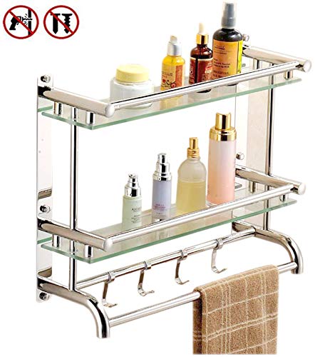 Estante de baño, sin perforación, vidrio templado con riel montado en la pared, acero inoxidable, embalaje con tornillos de 15 pulgadas