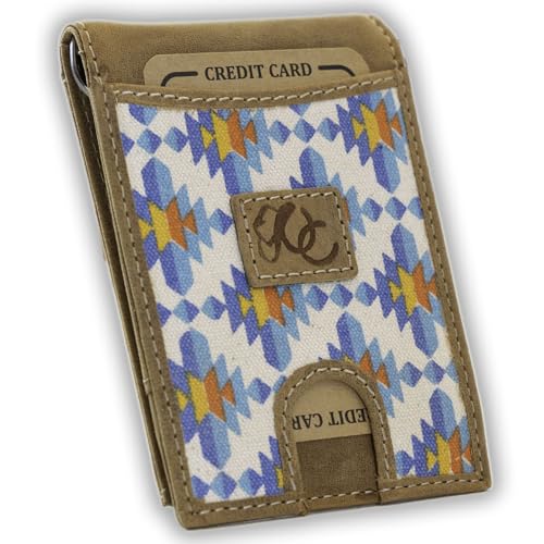 Money Clip Bifold Wallet, Full-grain Leather, RFID Protected, Minimalist Front Pocket (Aztec)