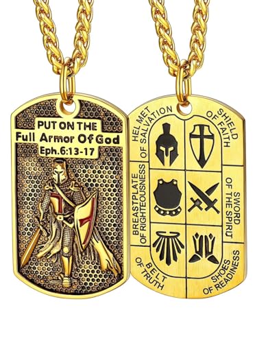 FaithHeart Gold Plated Shield Knights Templar Necklace for Male Put on The Whole Armor of God Dog Tag Pendant with 22 Chains Masculine Amulet Charms
