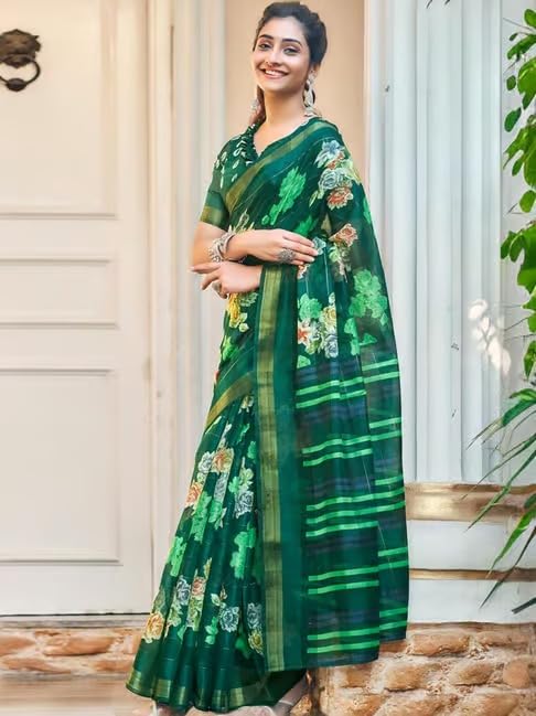 Image of SARETRA MALL Women's Cotton Printed Zari Stripe Saree With Unstitched Blouse Piece