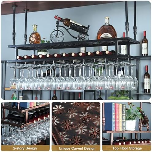 Ceiling Wine Glass Rack, Adjustable Metal Ceiling Bar Wine Glass Rack Bottle & Stemware Holder Industrial Iron Stemware Wine Shelf for Bar Cafe Kitchen Island(Bronze,31.5in