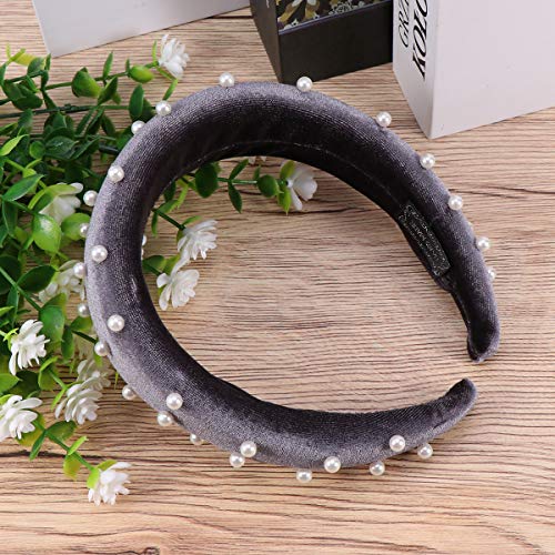 Beaupretty Pearl Sponge Velvet Vintage Wide Plain Headband Pearl Hair Hoop Hairband for Women(Grey), Picture 2 - Image 4