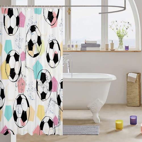 Image of Feelyou Kids Football Waterproof Shower Curtain for Girls Boys Teens - Sports Theme Soccer Ball Bathroom Decor with Hooks - Colorful Geometrics Grunge Design Bath Curtain 72x84 Inch