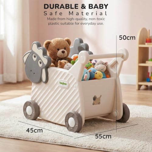 Image of Baybee 2 in 1 Push Walker with Shopping Cart for Kids | Smooth Rolling Wheels, Rounded Edges, WideToy Storage Organizer | Walking Support for Baby Boys & Girls 0-3 Years (White & Grey)