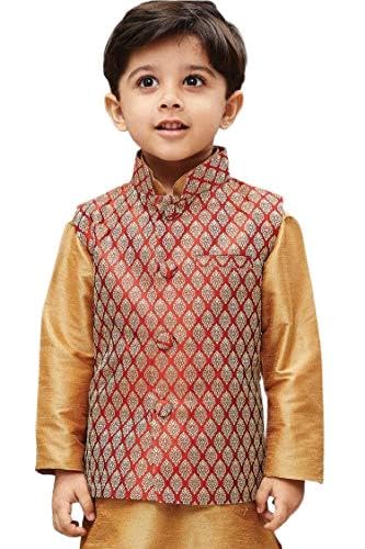 Image of JBN Creation Boys' Silk Blend Nehru Jacket || Banarasi Brocade Woven Jacquard Modi /Nehru Jacket || Ethnic Wear for Festivals, Weddings