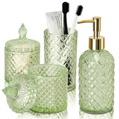RYTOXILO Green Bathroom Accessories Set, 4 Pack Olive Green Bathroom Decor Accessory Sets Complete, Diamond Glass Soap Dispenser and Toothbrush Holder Set for Bath Counter Organizer Essentials