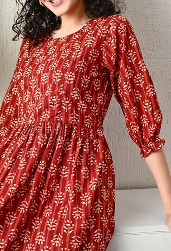 Image of Ichaa Women's Blue Cotton Printed Maternity Dress with Feeding Zips and Pocket| in Plus Sizes
