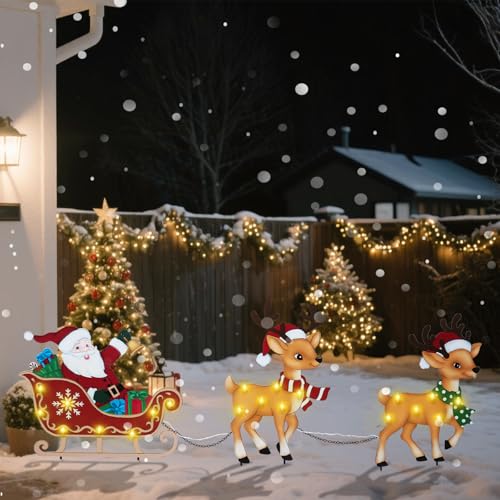 WONDER GARDEN Christmas Metal Yard Stakes Lighted 3 Pack Christmas Garden Stakes Yard Signs Outdoor Decorations with Santa Sleigh and Reindeer for Lawn Party Outside