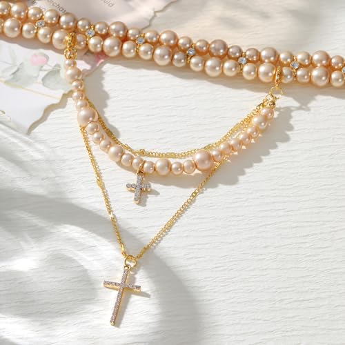Layered Pearl Necklace Statement Y2k Pearl Cross Necklace Stacked Rhinestone Pearl Necklace for Women (Gold)4
