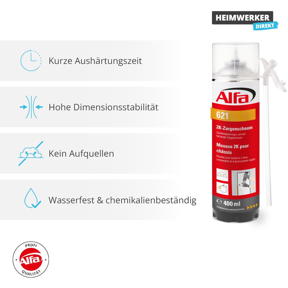 Alfa 2x Zweikomponentiger, schnell härtender 2K-Zargenschaum 2 x 400 ml, Volumenausbeute ausgeschäumt 12-14 l
