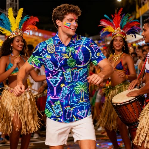Fanient Hawaiian Shirts for Men Neon Pineapple Coconut Tree Juice Cup Printed Button Down Shirts Funny Aloha Short Sleeve Shirt L