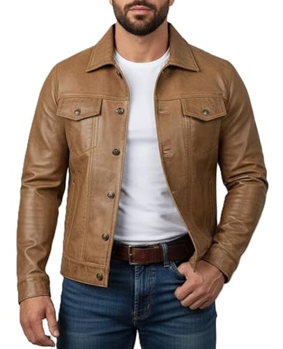 NYC Fashions Camel Brown Leather Jacket Men Casual Denim Trucker